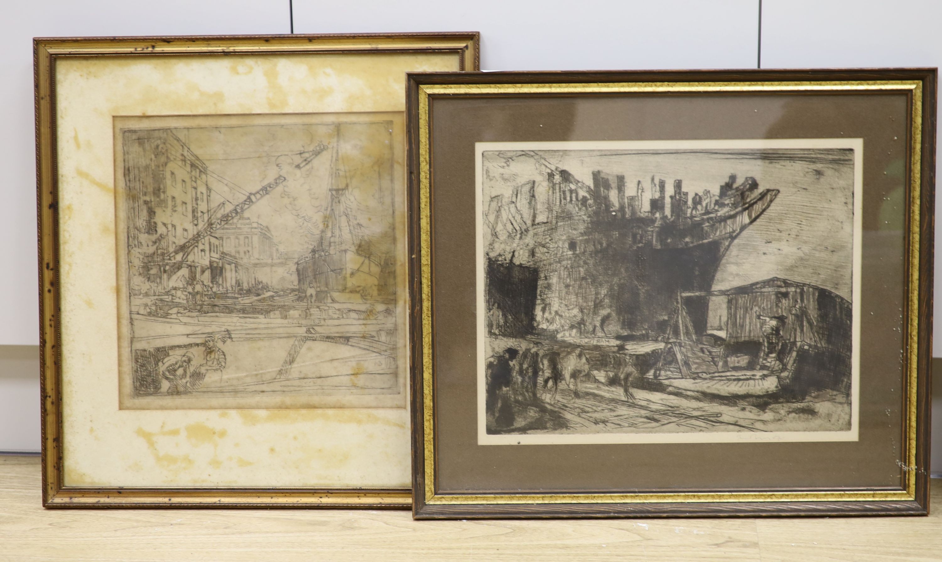 Frank Brangwyn (1867-1956), two etchings, Dockland scenes, one signed in pencil, 30 x 39cm and 30 x 30cm